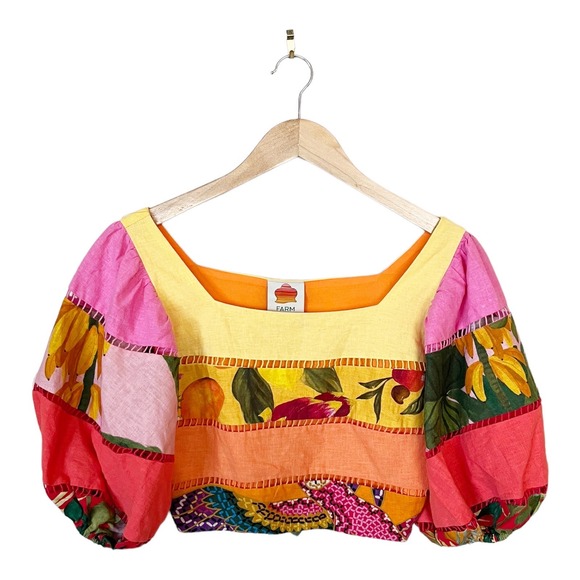 FARM RIO Tiered Top Rainbow Mixed Print Cropped Linen Multicolor Puff Sleeve Sm - Picture 6 of 13